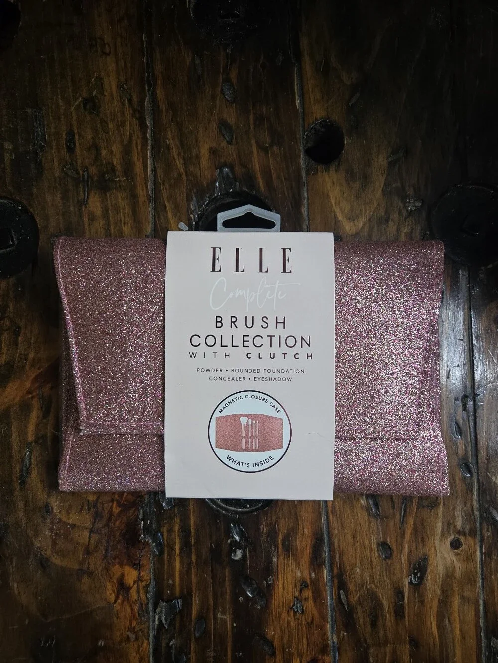ELLE Complete 4-Piece Makeup Brush Collection with Pink Glitter Clutch